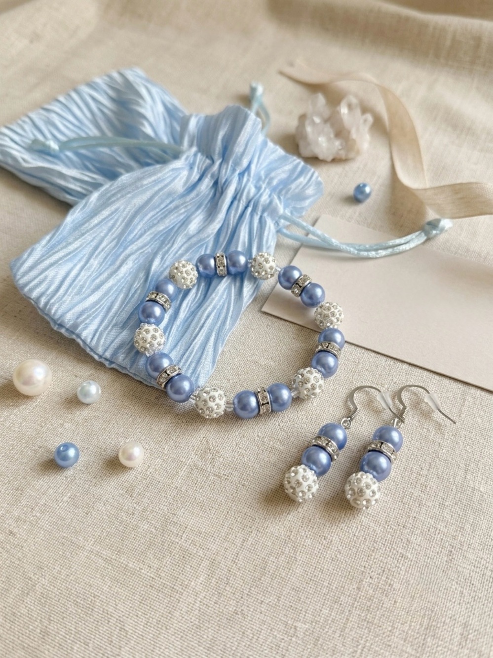 Blue Pearl & Rhinestone Pave Ball Bracelet & Earrings Jewelry Set